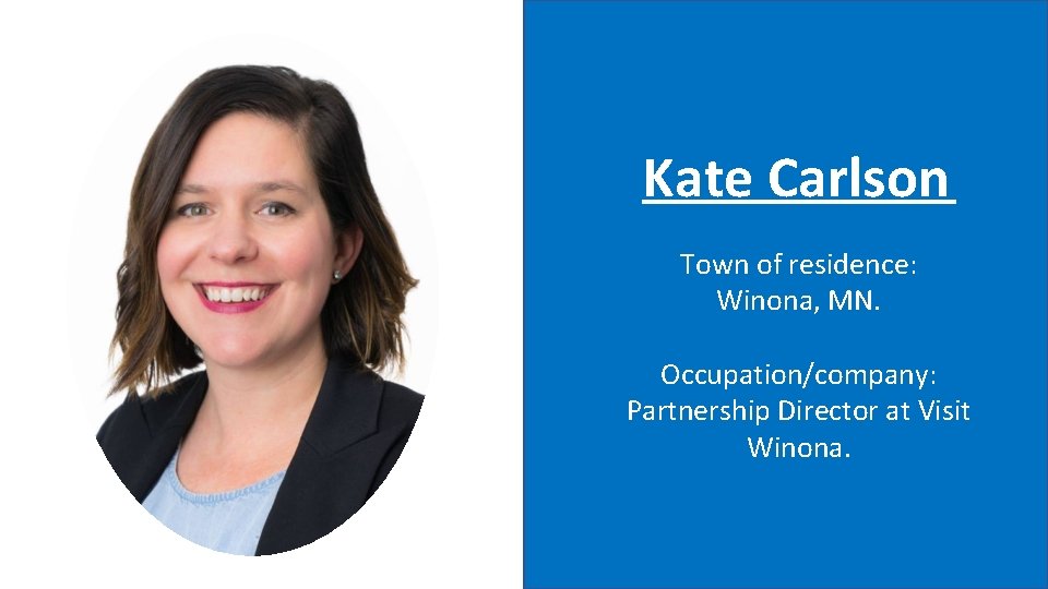 Kate Carlson Town of residence: Winona, MN. Occupation/company: Partnership Director at Visit Winona. 