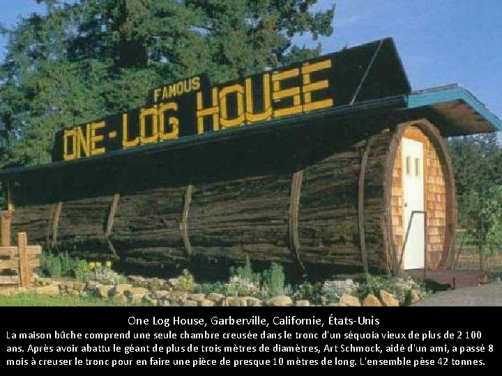 One Log House, Garberville, Californie, États-Unis La maison bûche comprend une seule chambre creusée