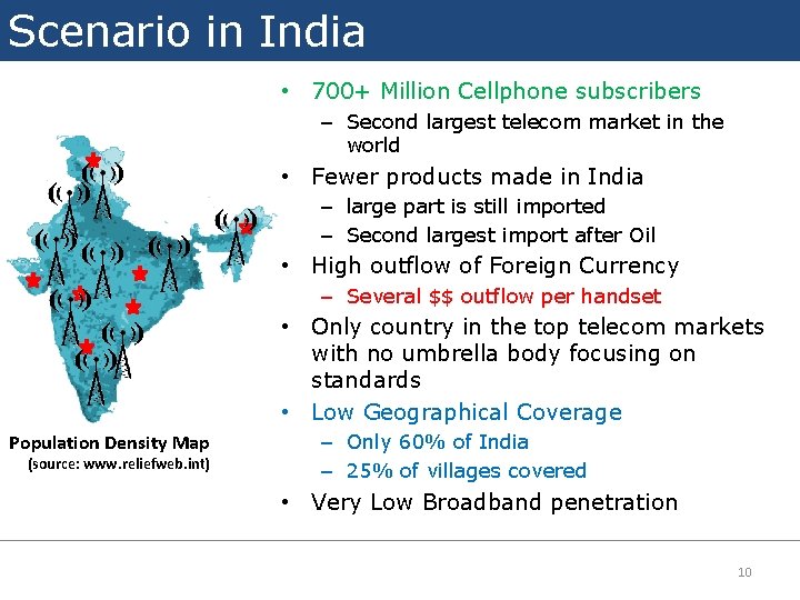 Scenario in India • 700+ Million Cellphone subscribers – Second largest telecom market in