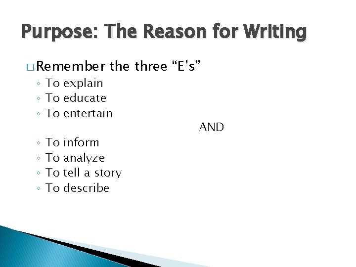 Purpose: The Reason for Writing � Remember the three “E’s” ◦ To explain ◦