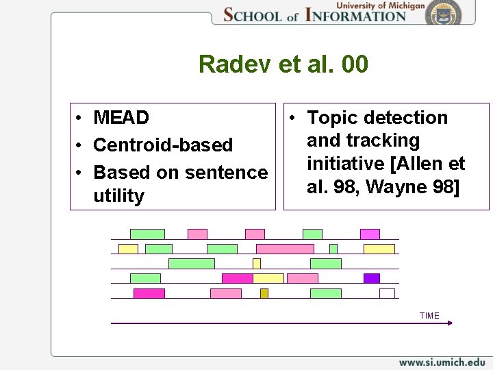 Radev et al. 00 • MEAD • Centroid-based • Based on sentence utility •