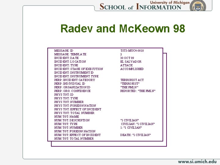 Radev and Mc. Keown 98 MESSAGE: ID MESSAGE: TEMPLATE INCIDENT: DATE INCIDENT: LOCATION INCIDENT: