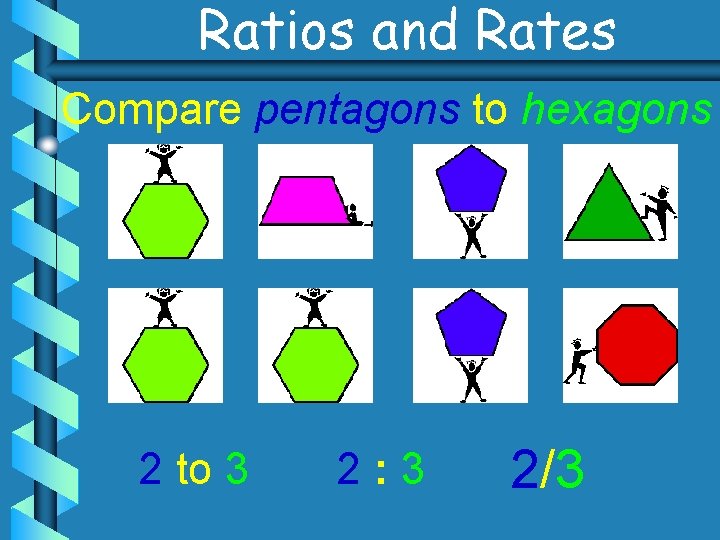 Ratios and Rates Compare pentagons to hexagons 2 to 3 2: 3 2/3 