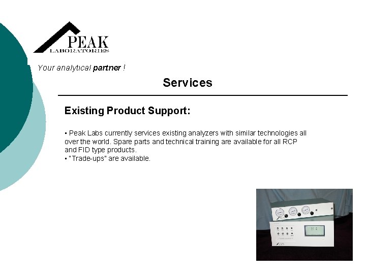 Your analytical partner ! Services Existing Product Support: • Peak Labs currently services existing