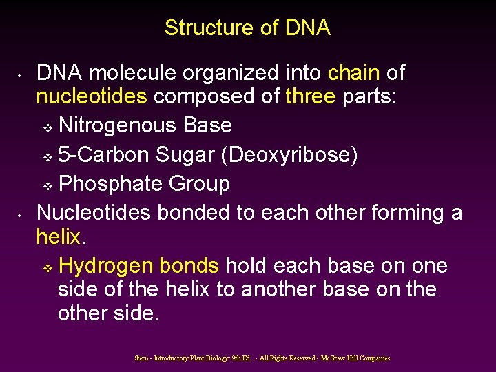 Structure of DNA • • DNA molecule organized into chain of nucleotides composed of