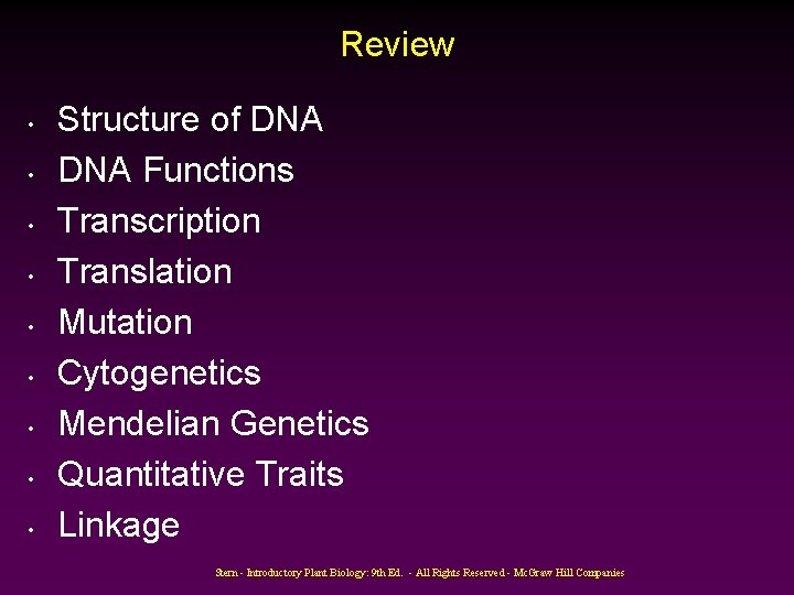 Review • • • Structure of DNA Functions Transcription Translation Mutation Cytogenetics Mendelian Genetics