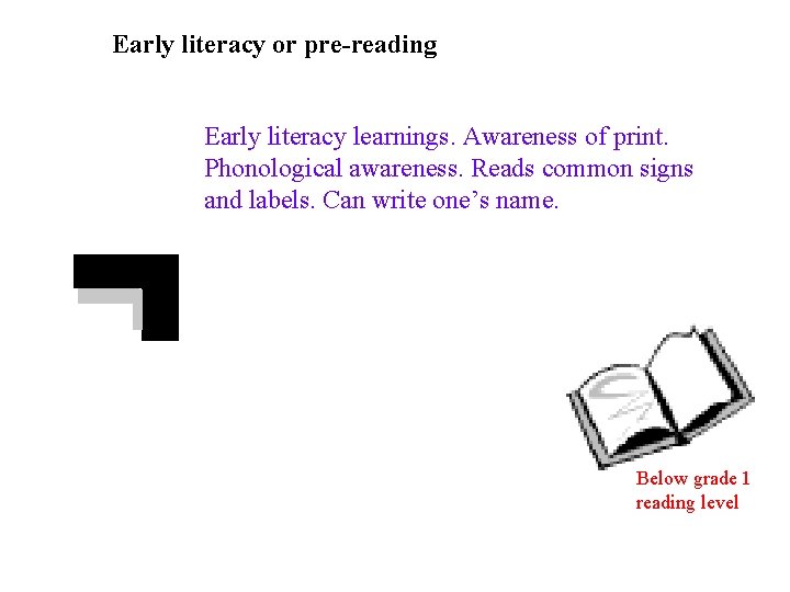 Early literacy or pre-reading Early literacy learnings. Awareness of print. Phonological awareness. Reads common