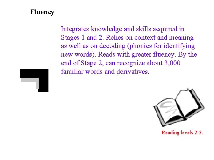 Fluency Integrates knowledge and skills acquired in Stages 1 and 2. Relies on context