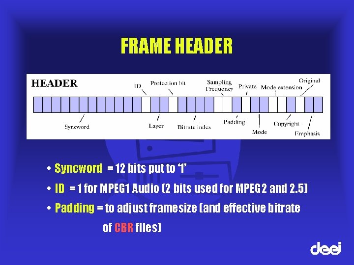 FRAME HEADER • Syncword = 12 bits put to ‘ 1’ • ID =