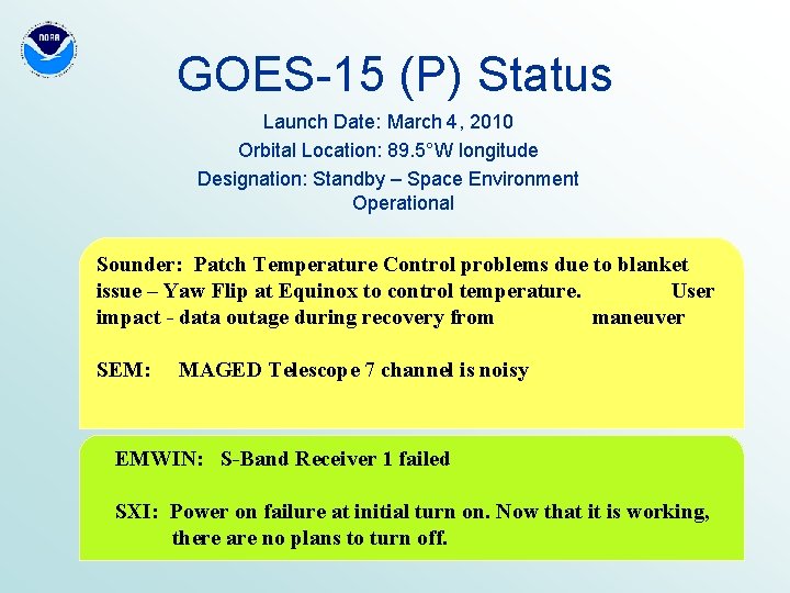 GOES-15 (P) Status Launch Date: March 4, 2010 Orbital Location: 89. 5°W longitude Designation: