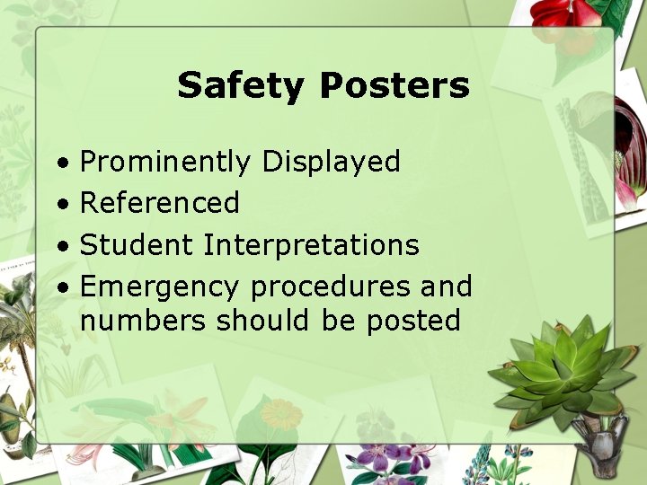 Safety Posters • Prominently Displayed • Referenced • Student Interpretations • Emergency procedures and