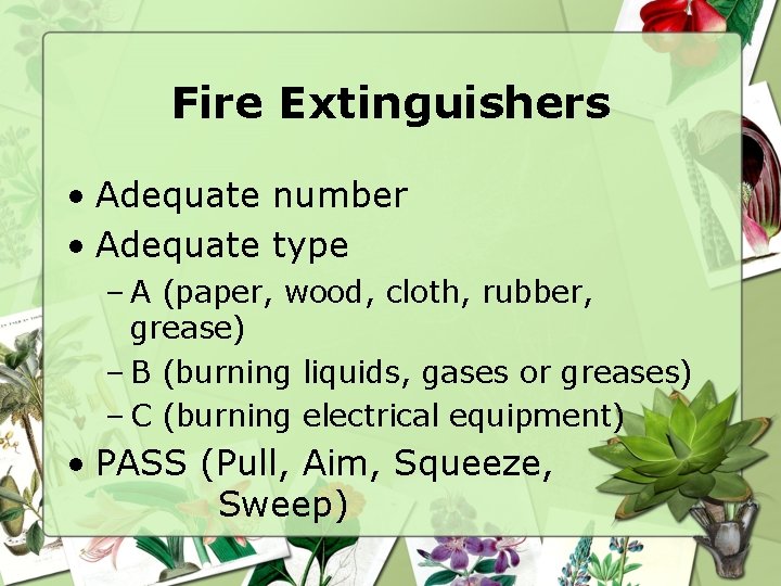 Fire Extinguishers • Adequate number • Adequate type – A (paper, wood, cloth, rubber,