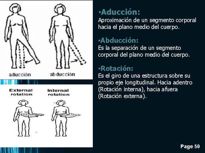  • Aducción: Aproximación de un segmento corporal hacia el plano medio del cuerpo.
