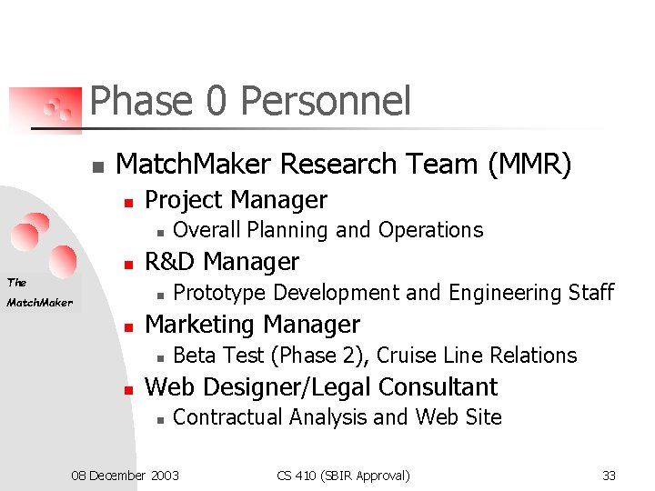 Phase 0 Personnel n Match. Maker Research Team (MMR) n Project Manager n n