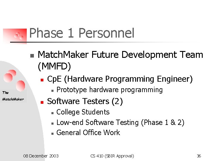 Phase 1 Personnel n Match. Maker Future Development Team (MMFD) n Cp. E (Hardware