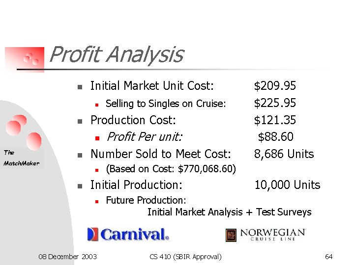 Profit Analysis n Initial Market Unit Cost: n n Production Cost: n The Match.