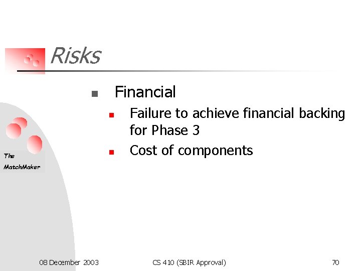 Risks Financial n n n The Failure to achieve financial backing for Phase 3