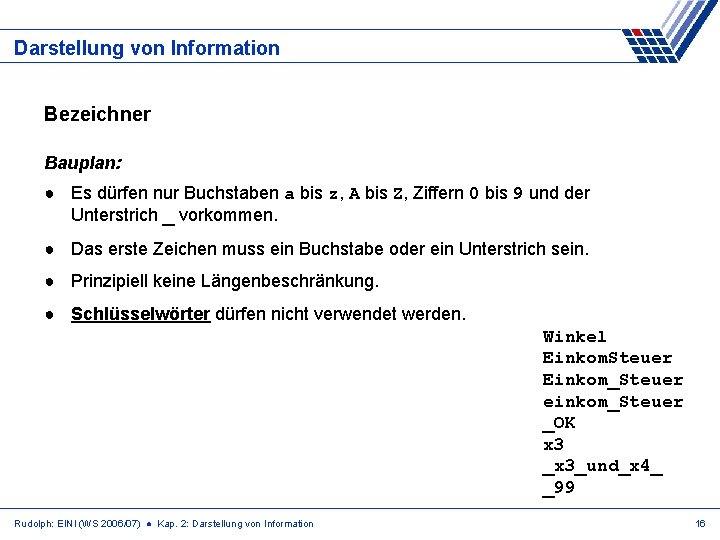 Darstellung von Information Bezeichner Bauplan: ● Es dürfen nur Buchstaben a bis z, A