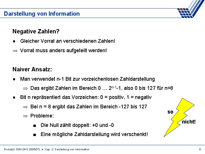 Darstellung von Information Negative Zahlen? ● Gleicher Vorrat an verschiedenen Zahlen! Vorrat muss anders