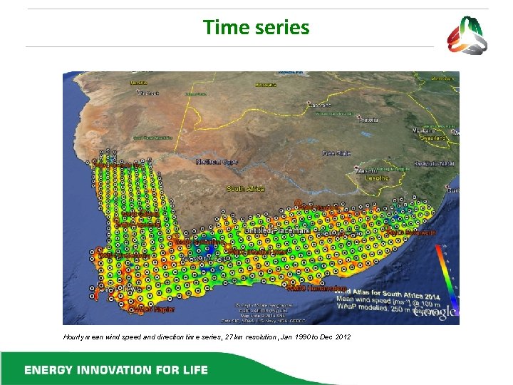 Time series Hourly mean wind speed and direction time series, 27 km resolution, Jan