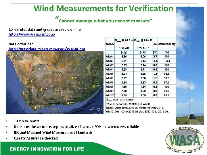 Wind Measurements for Verification “Cannot manage what you cannot measure” 10 minutes data and