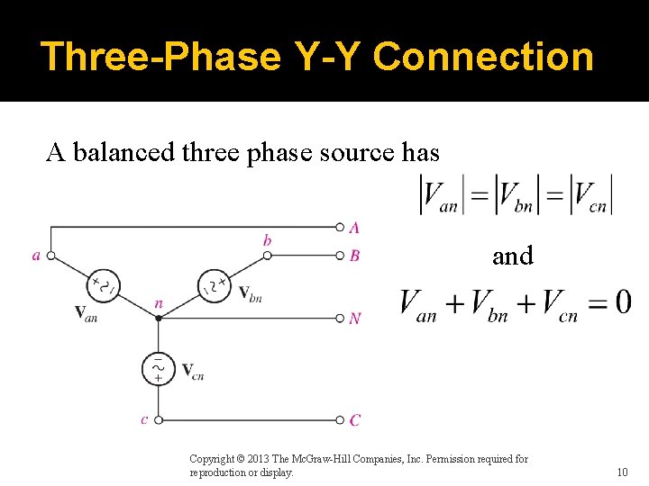 Three-Phase Y-Y Connection A balanced three phase source has and Copyright © 2013 The