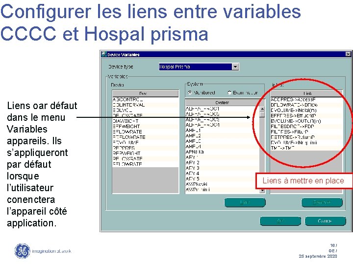 Configurer les liens entre variables CCCC et Hospal prisma Liens oar défaut dans le