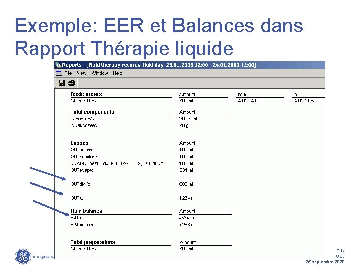 Exemple: EER et Balances dans Rapport Thérapie liquide 21 / GE / 25 septembre