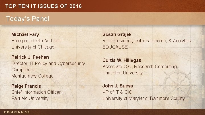 TOP TEN IT ISSUES OF 2016 Today’s Panel Michael Fary Enterprise Data Architect University