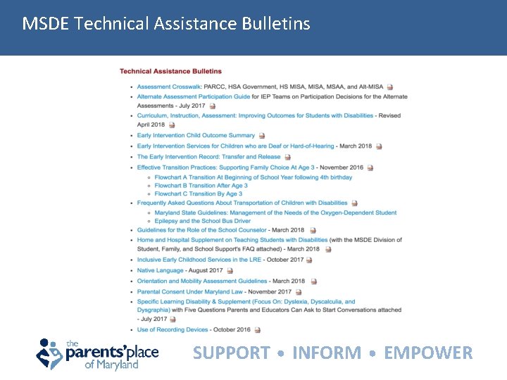 MSDE Technical Assistance Bulletins SUPPORT INFORM EMPOWER 