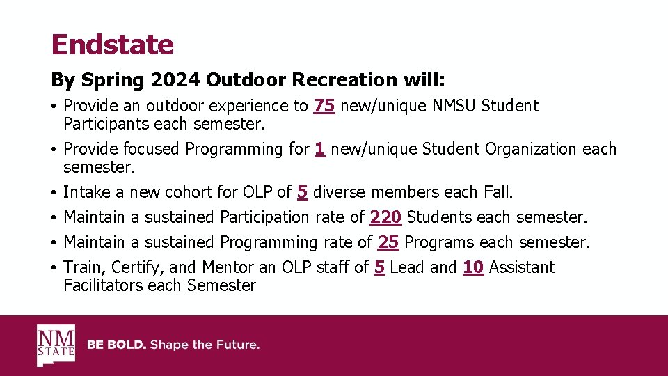 Endstate By Spring 2024 Outdoor Recreation will: • Provide an outdoor experience to 75