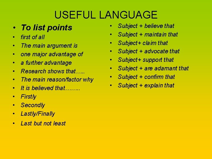 USEFUL LANGUAGE • To list points • • • first of all The main