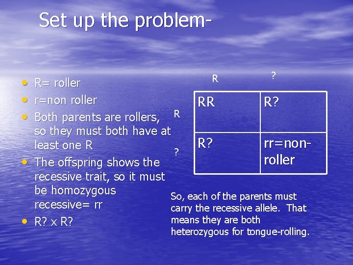 Set up the problem • R= roller • r=non roller • Both parents are