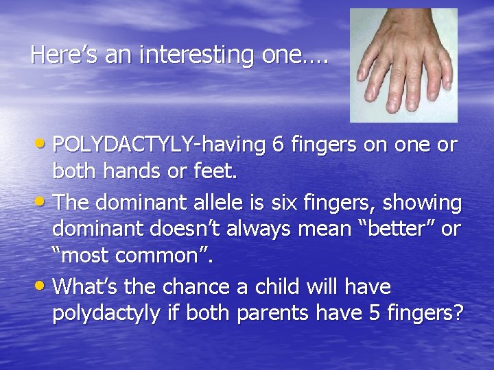 Here’s an interesting one…. • POLYDACTYLY-having 6 fingers on one or both hands or