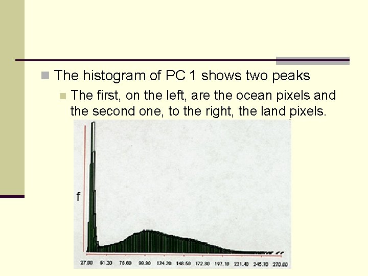 n The histogram of PC 1 shows two peaks n The first, on the