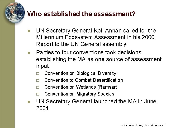 Who established the assessment? n n UN Secretary General Kofi Annan called for the