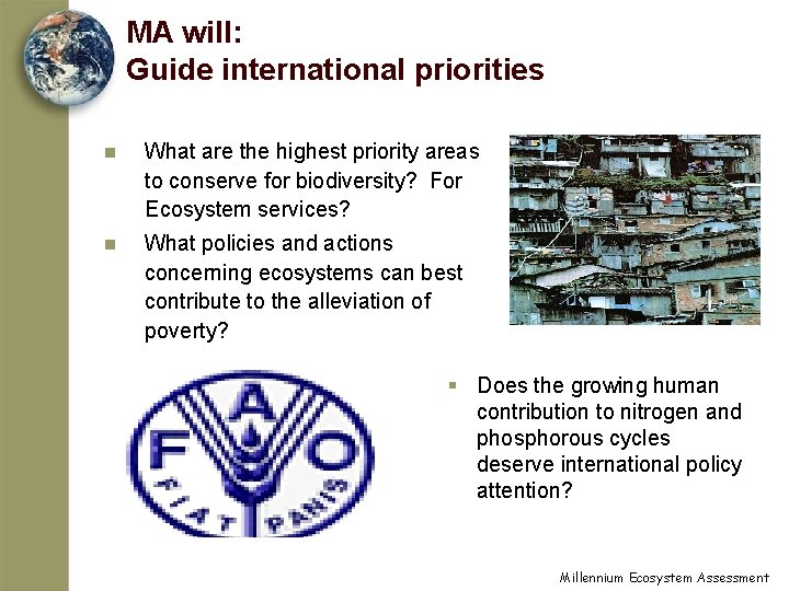 MA will: Guide international priorities n What are the highest priority areas to conserve