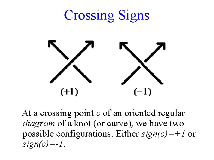 Crossing Signs At a crossing point c of an oriented regular diagram of a
