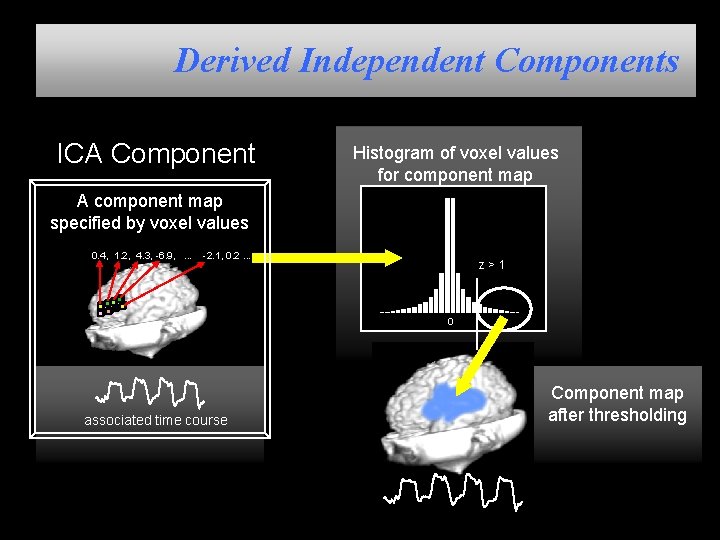 Derived Independent Components ICA Component Histogram of voxel values for component map A component