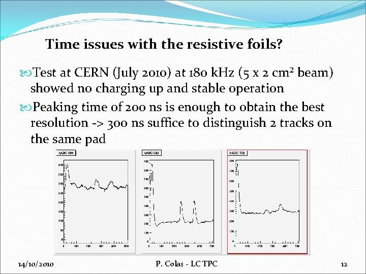 Time issues with the resistive foils? Test at CERN (July 2010) at 180 k.