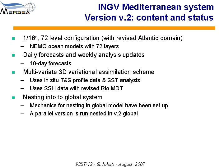 INGV Mediterranean system Version v. 2: content and status n 1/16 o, 72 level
