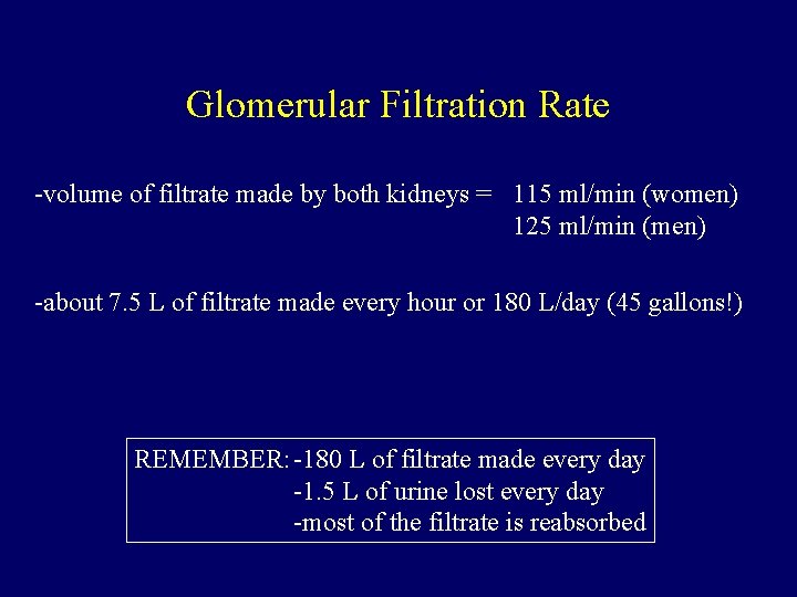 Glomerular Filtration Rate -volume of filtrate made by both kidneys = 115 ml/min (women)