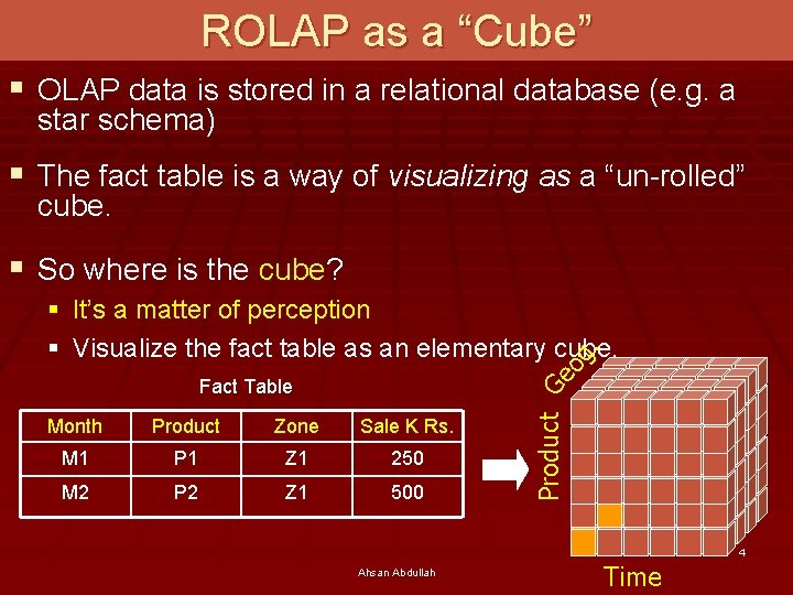 ROLAP as a “Cube” § OLAP data is stored in a relational database (e.