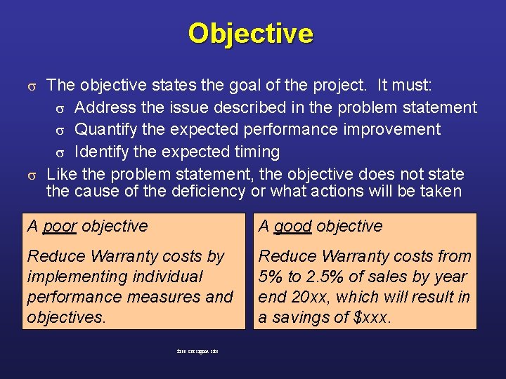 Objective The objective states the goal of the project. It must: s Address the