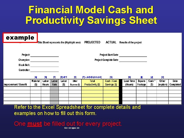 Financial Model Cash and Productivity Savings Sheet example Refer to the Excel Spreadsheet for