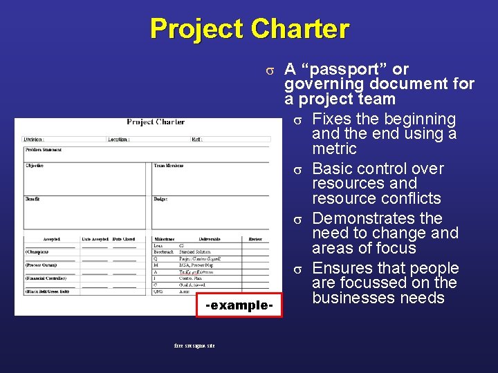 Project Charter A “passport” or governing document for a project team s Fixes the