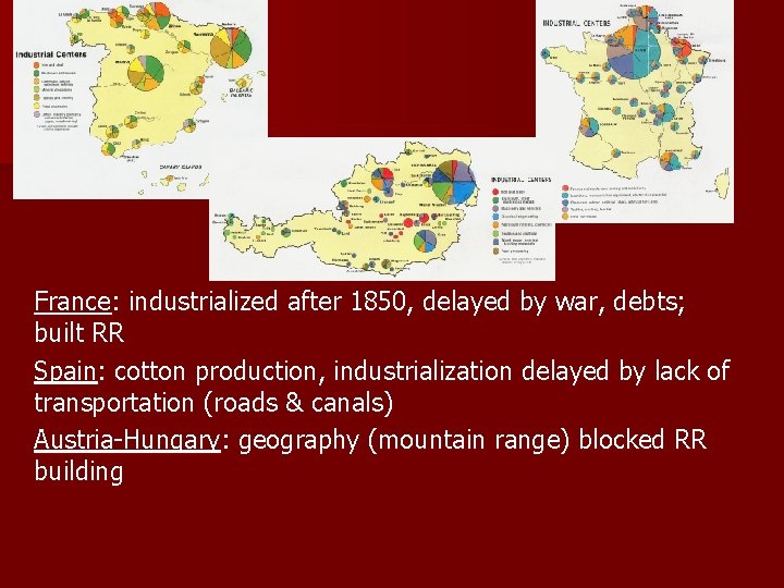 France: industrialized after 1850, delayed by war, debts; built RR Spain: cotton production, industrialization