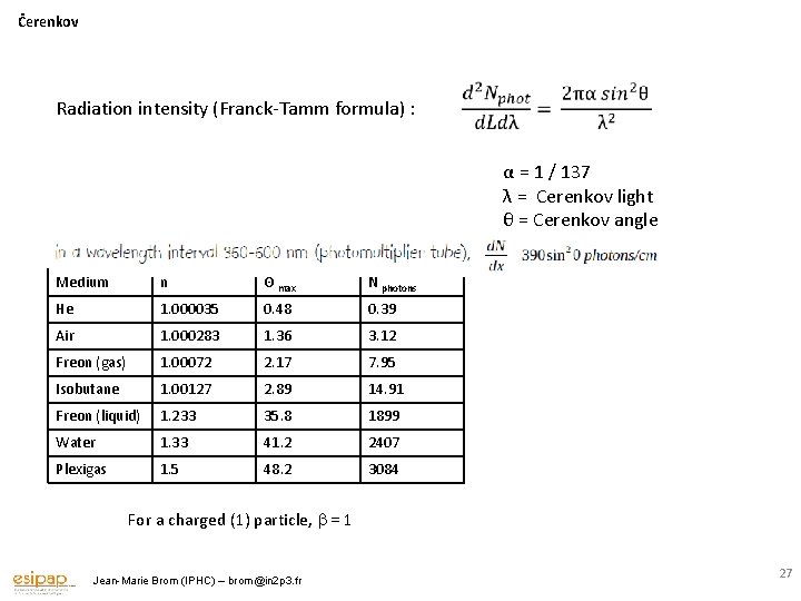 Čerenkov Radiation intensity (Franck-Tamm formula) : α = 1 / 137 λ = Cerenkov