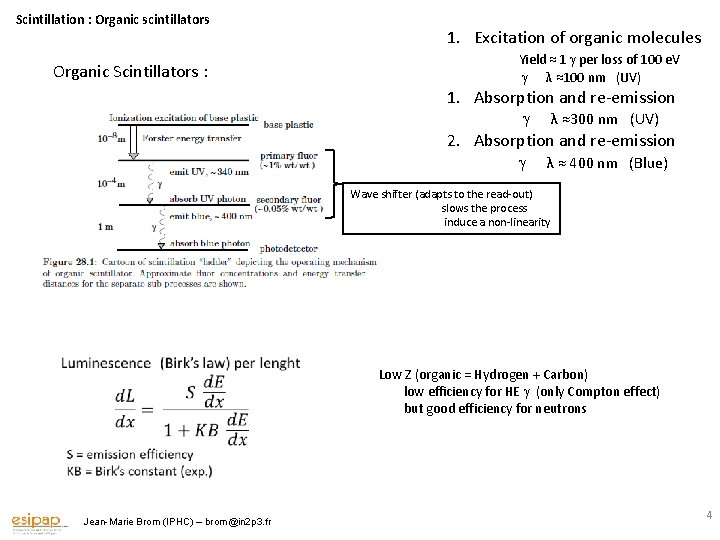 Scintillation : Organic scintillators Organic Scintillators : 1. Excitation of organic molecules Yield ≈