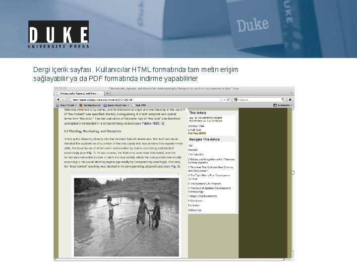 Dergi içerik sayfası. Kullanıcılar HTML formatında tam metin erişim sağlayabilir ya da PDF formatında